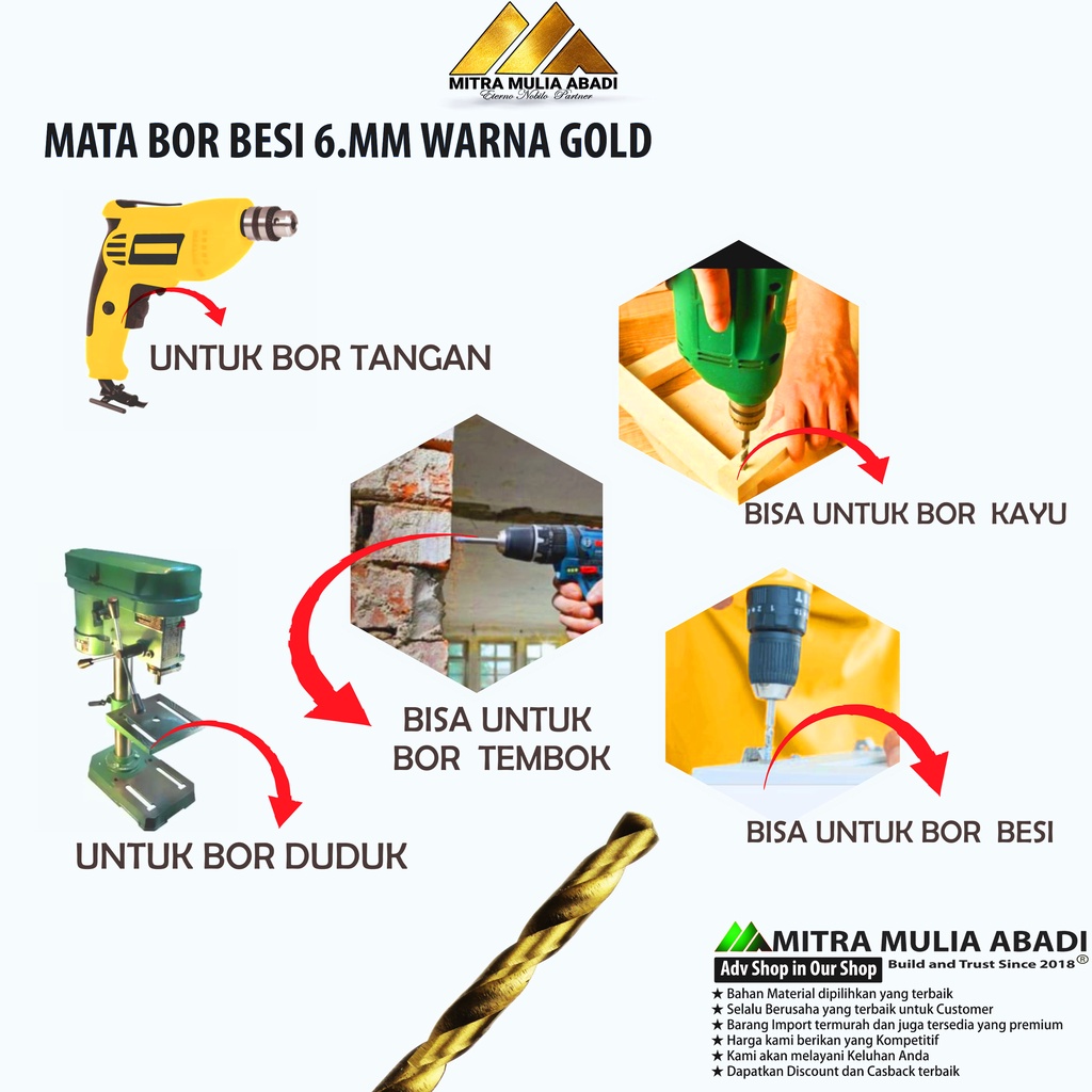 MATA BOR BESI 6mm GOLD TWIST DRILL BITS