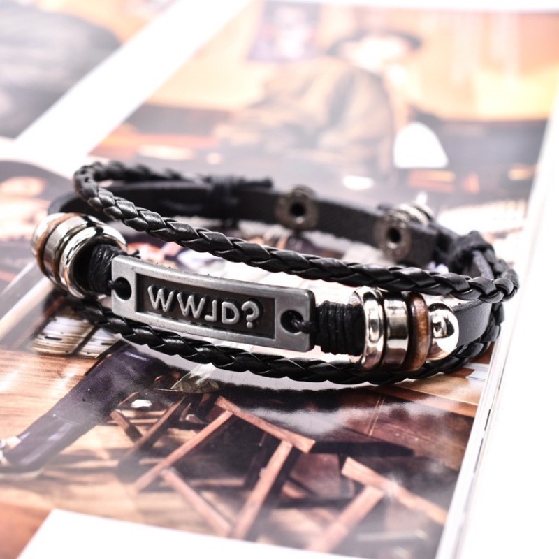 [X C Gelang] Baru WWJD Huruf Gaya Gelang Hitam Kulit Vintage Hip Hop Punk Gelang Kulit Lengan Manik-Manik Multilayer Paduan Seng Anyaman Gelang