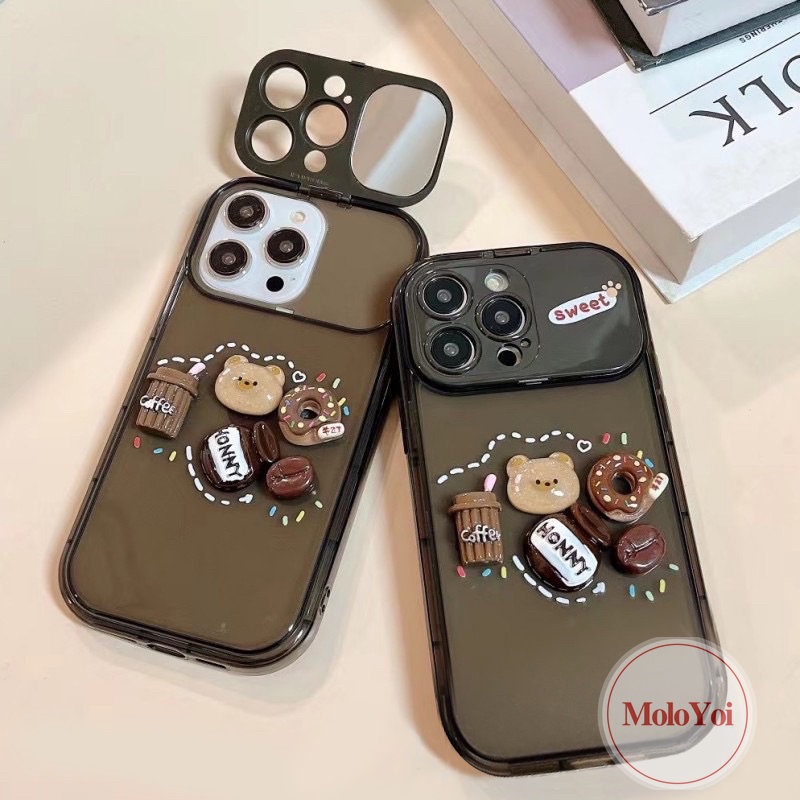 Boneka 3D Lucu Kopi Susu Teh Beruang Case Kompatibel Untuk IPhone 7Plus XR 11 14 13 12 Pro Max7 8 14 Plus X XS MAX SE 2020 Kreatif Flip Make Up Cermin Shockproof Lembut TPU Phone Cover