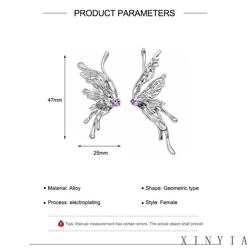 【Bayar di tempat】 Asimetris Zirkon Ungu Rasa Desain Logam Cair Biokimia Anting Kupu-Kupu Earrings