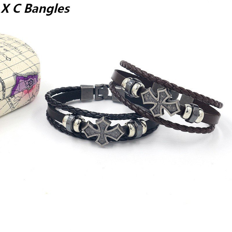 [X C Gelang] Baru Berbentuk Salib Gelang Hitam Kulit Vintage Hip Hop Punk Gelang Kulit Lengan Manik-Manik Multilayer Zinc Alloy Anyaman Gelang