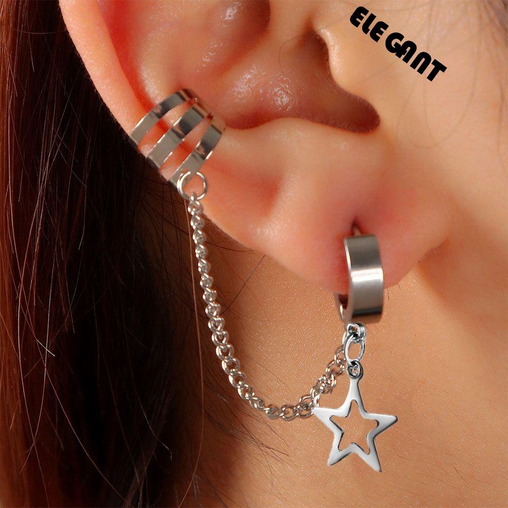 [Elegan] Pria Anting Kepribadian Wanita Telinga Studs Sederhana Berongga Stainless Steel Bintang Tengkorak Hoops Anting Pentagram Pria Klip Telinga