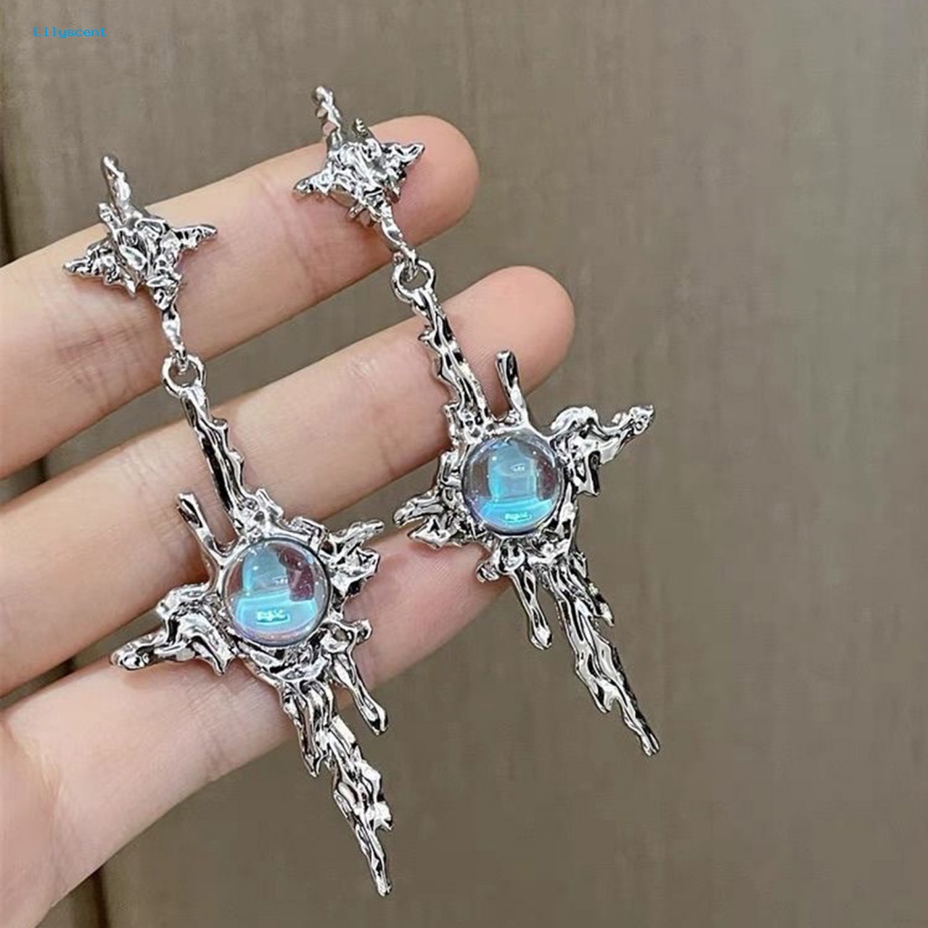 Lilyscent 1pasang Hadiah Menjuntai Anting-Anting Aksesori Fashion Wanita Gadis Salib Faux Moonstone Menjuntai Earrings Perhiasan Logam Cair