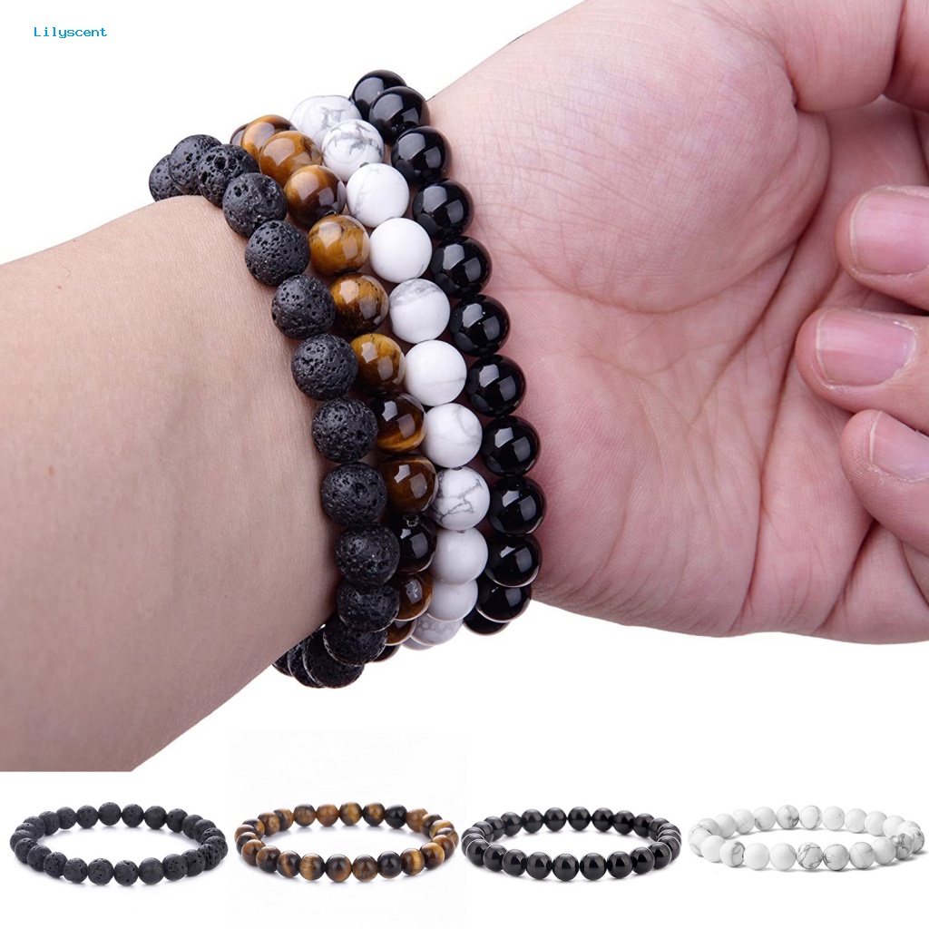 Lilyscent 4Pcs/Set Manik-Manik Pria Gelang Perhiasan Aksesoris Pria Wanita Tiger Eye Bracelet Bulat Beads