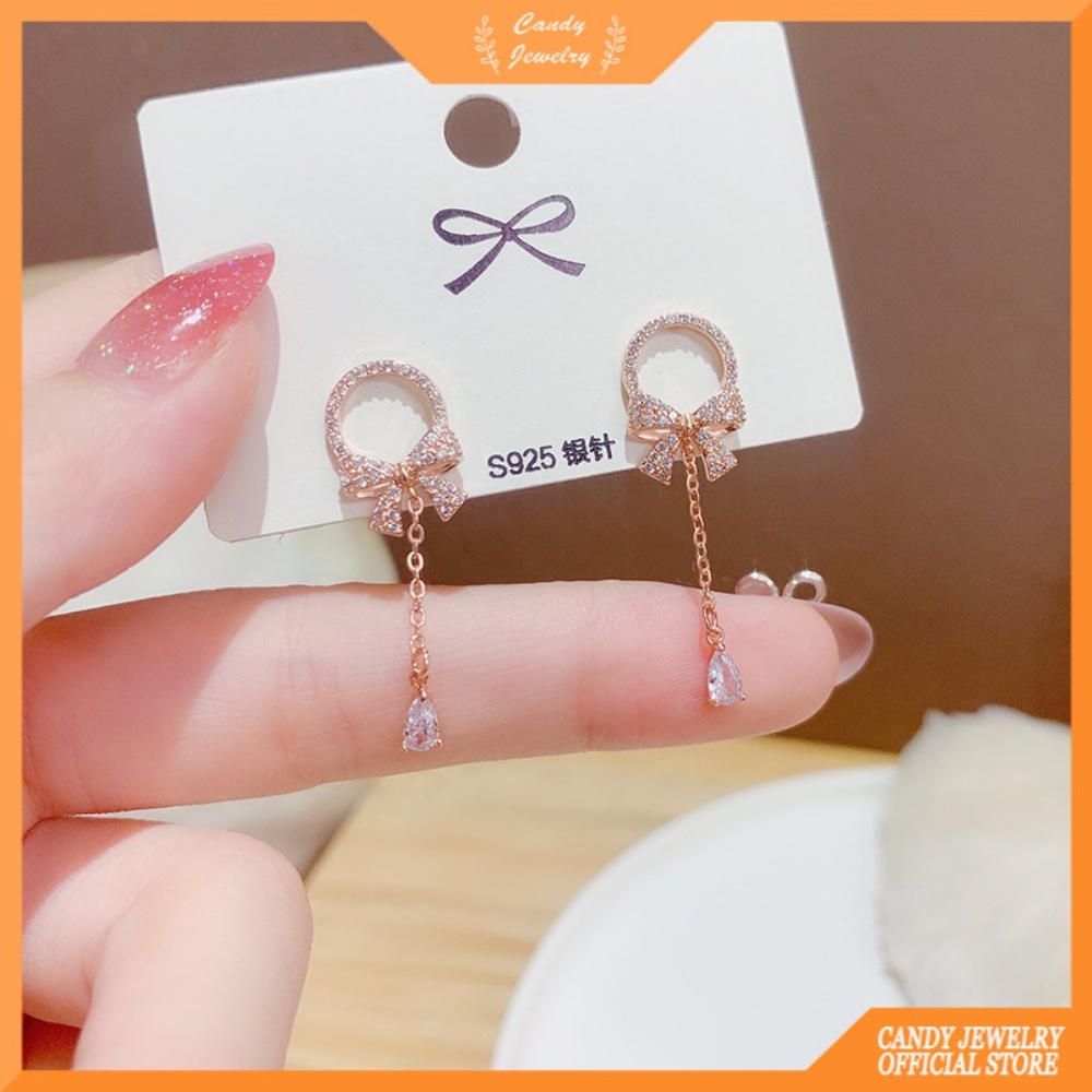 Anting Stud S925 Silver Needle Model Pita Rumbai Aksen Berlian Gaya Korea Untuk Wanita