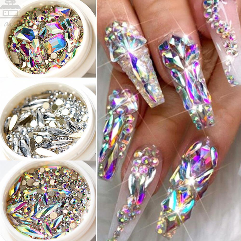 Agustina Kuku Berlian Buatan Warna-Warni DIY Manicure AB Flat-back DIY Nail Art Dekorasi Ukuran Campur Kristal Strass