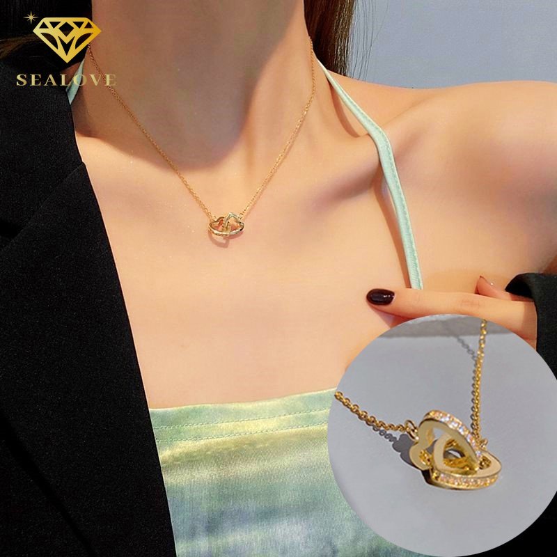 Hati Berlian Mewah Kalung Titanium Wanita Anti Karat Emas 18K Perhiasan Wanita Fashion Korea