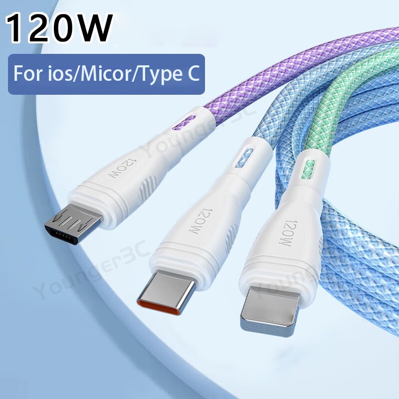 Kabel Cas Super Cepat 120W Tenun Warna-Warni 3in1 Macaron Woven Data Line 6A Multi Head Charging Line Untuk ios Tipe C Android