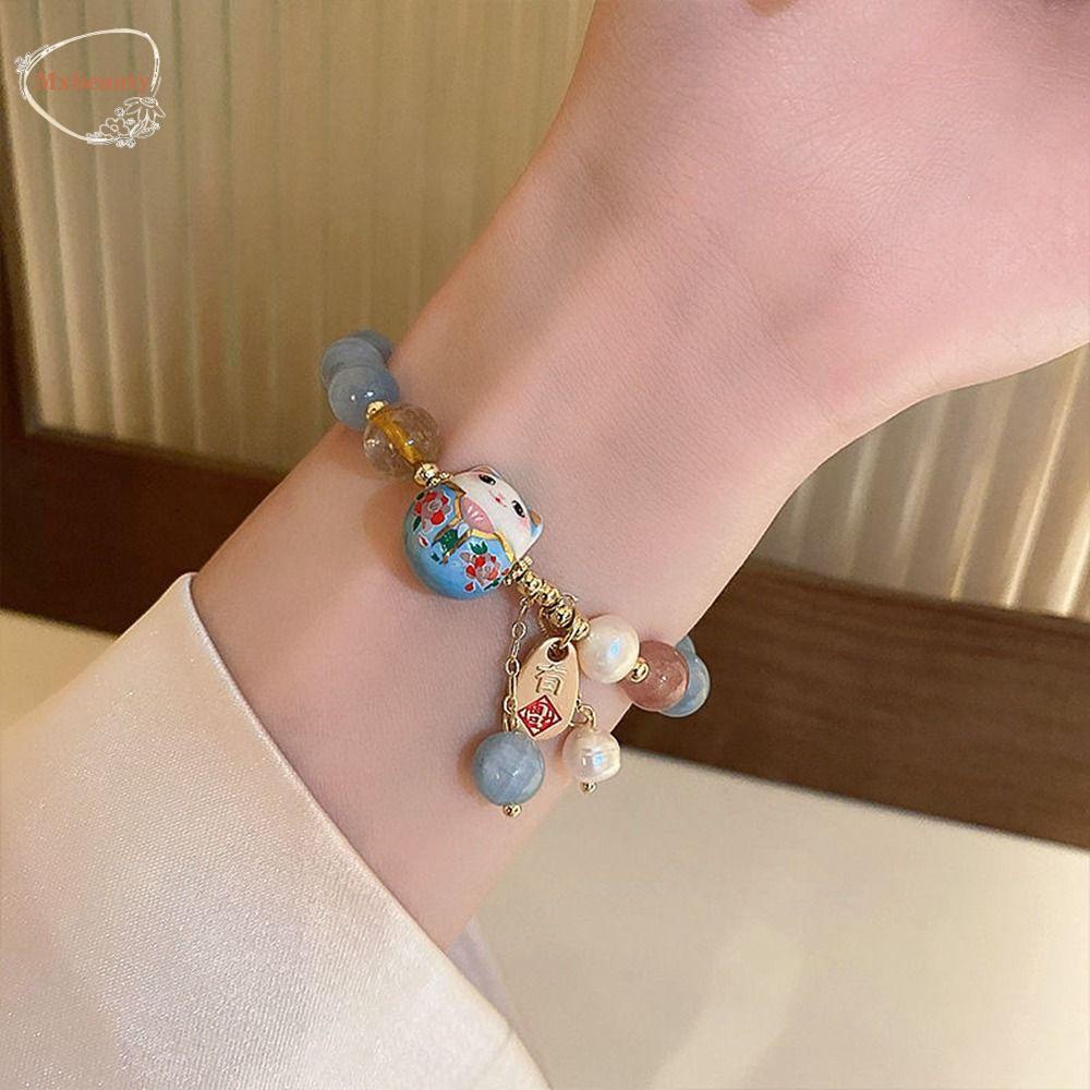 Mxbeauty Gelang Manik Antik Gelang Hadiah Perhiasan Kepribadian Zamrud Gelang Biru Gaya Etnik Rejeki Kucing Maneki Neko Kristal Perempuan Tangan Rantai