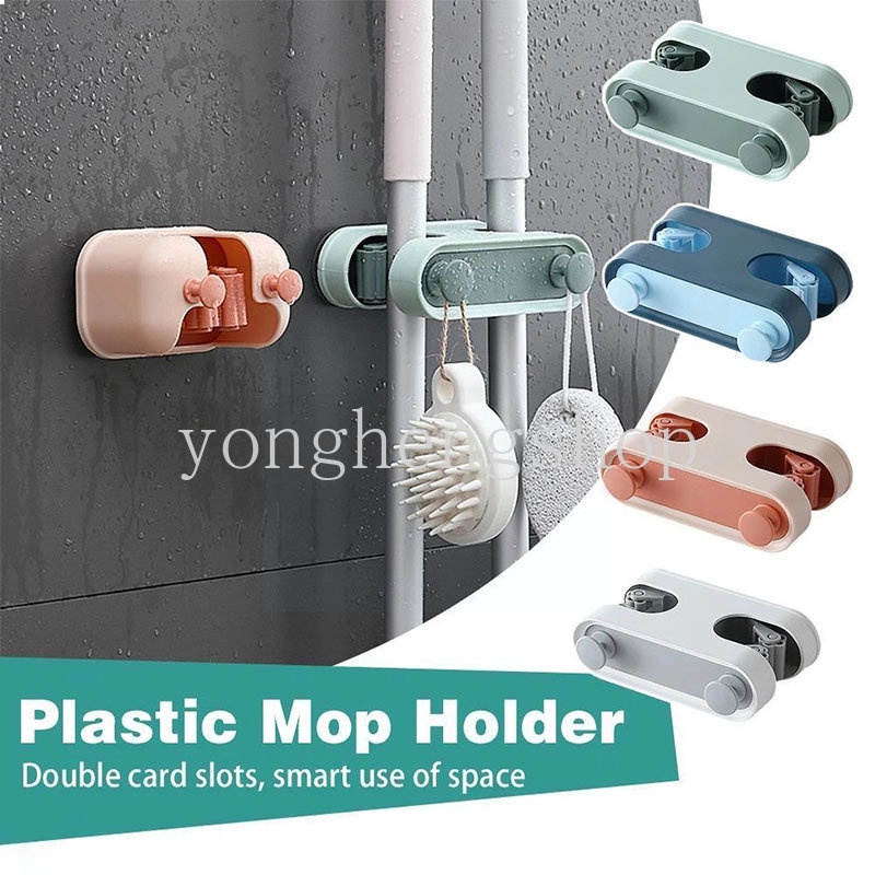 Kreatif Slot Ganda Klip Pel Bebas Pukulan Dinding Mop Holder Dengan Kait Sikat Sapu Gantungan Kait Multifungsi Rak Penyimpanan Organizer Kamar Mandi