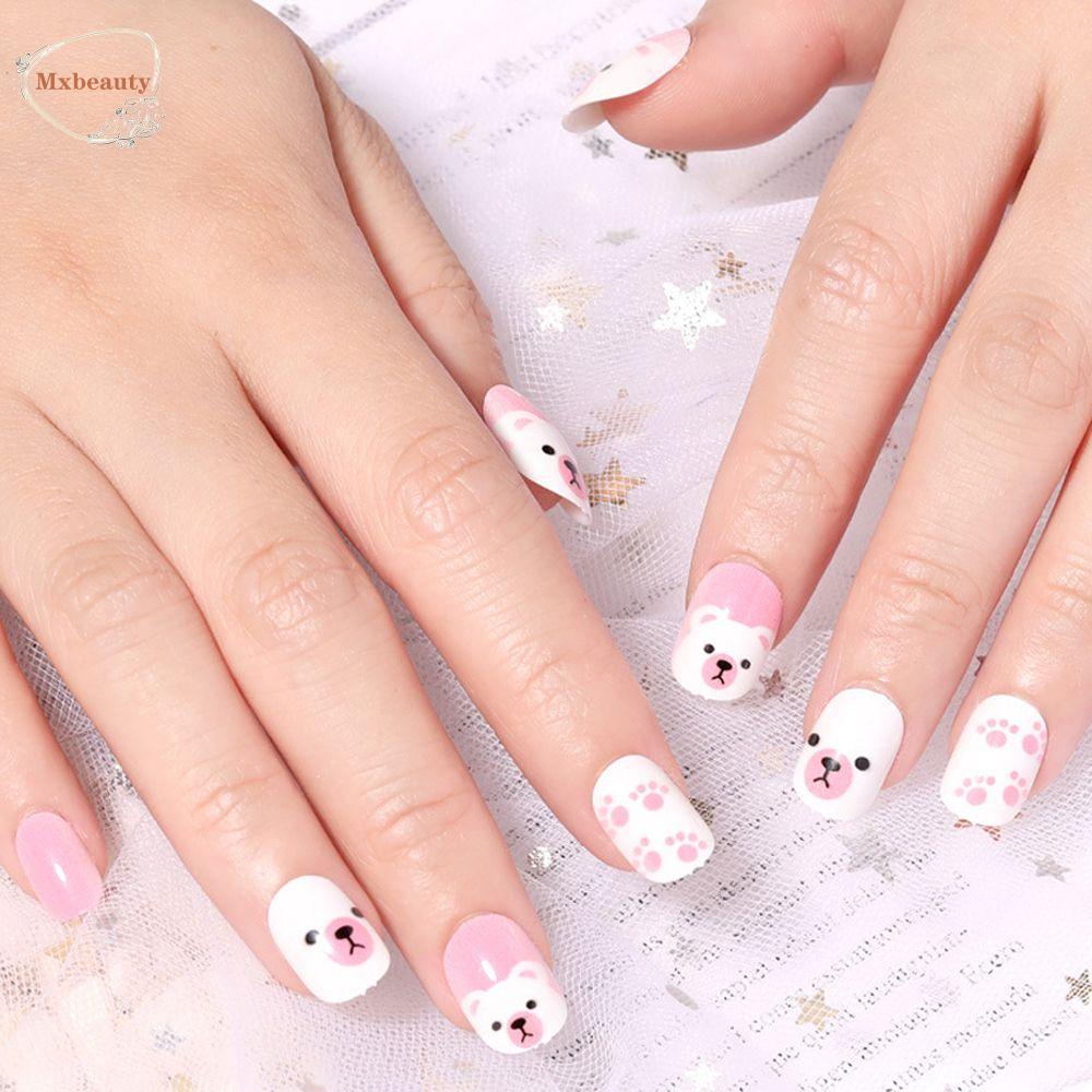 Mxbeauty 24pcs / Set Kuku Palsu Anak Perempuan Motif Kartun Bunga Warna-Warni Untuk Dekorasi Manicure Diy