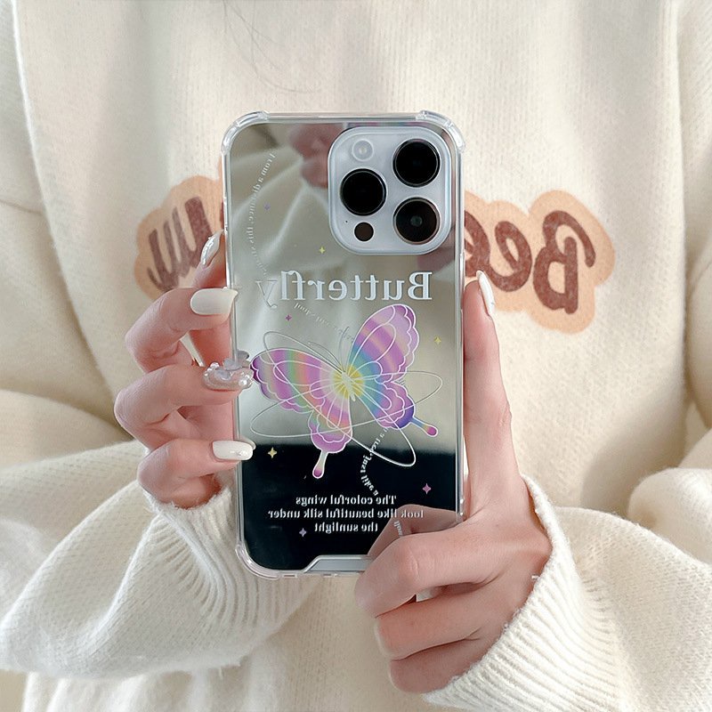 [Anti Jatuh Cermin] Pretty Silver Makeup Silikon Soft Case IPhone 6S 7 8 Plus X XR XS Max IPhone 11 12 13 14 Pro Max 14 Plus7+8 +12 13 mini Untuk Wanita Gadis Kupu-Kupu Warna-Warni