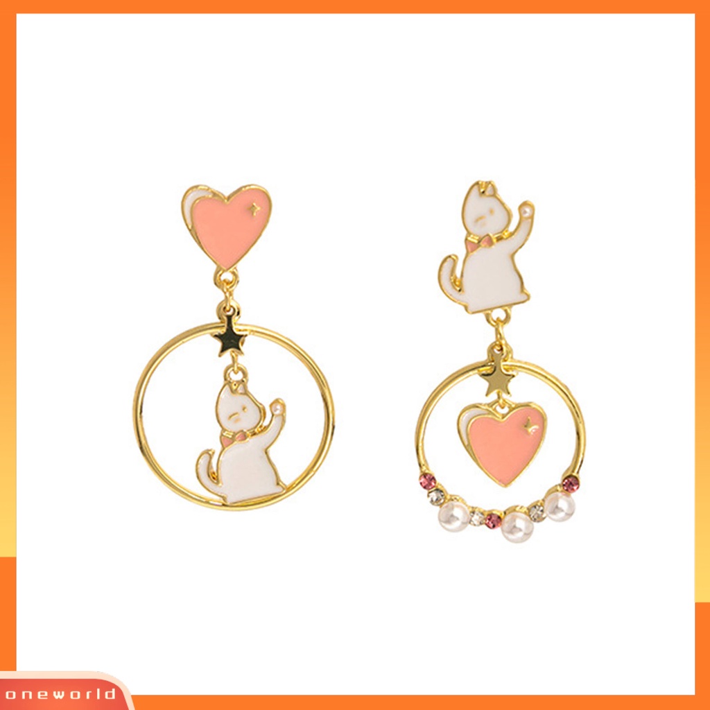 [EONE] 1pasang Anting Pejantan Jepang Korea Gaya Berongga Cincin Berlian Imitasi Mutiara Imitasi Hadiah Menyenangkan Kartun Kucing Cinta Hati Gadis Drop Earrings Fashion Perhiasan