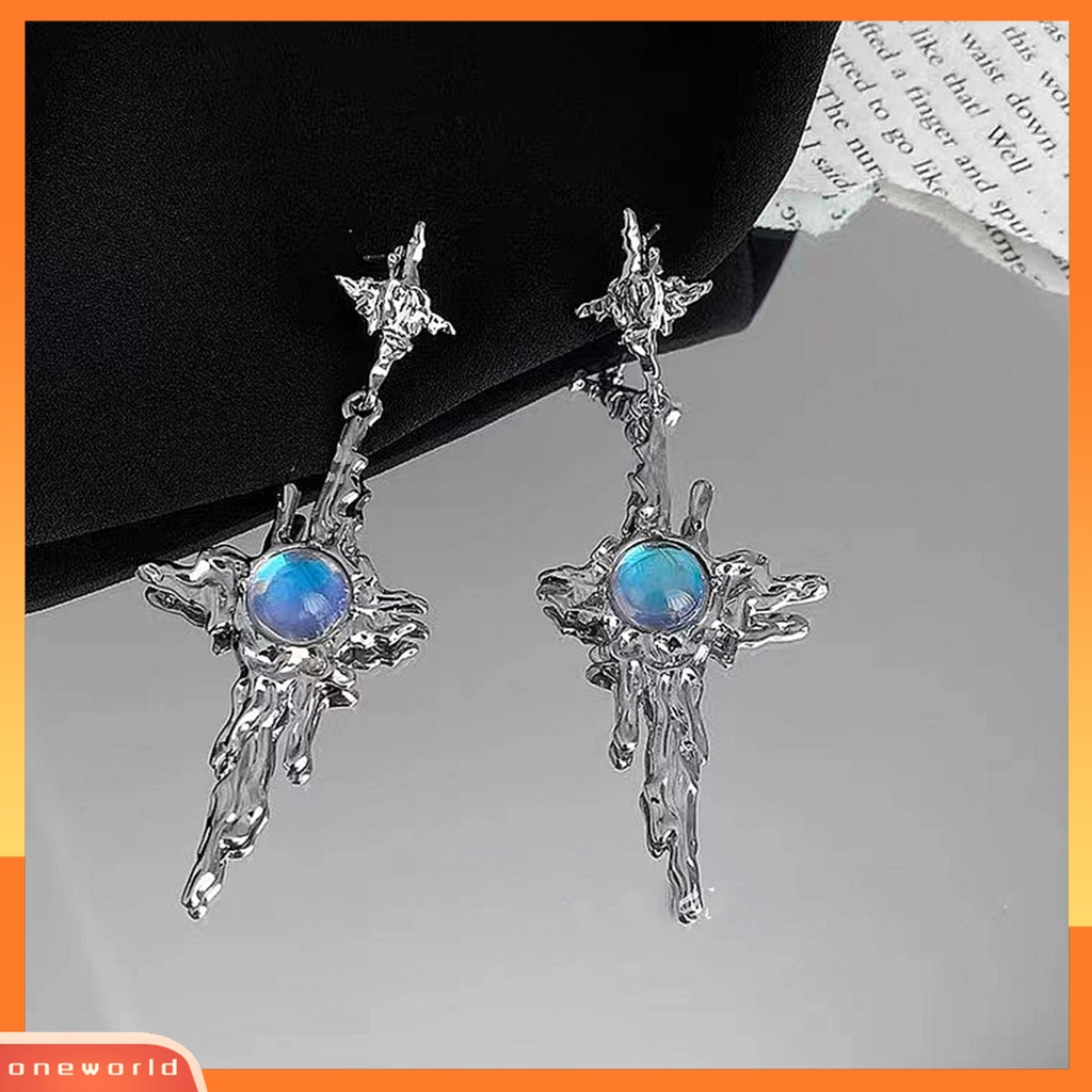 [EONE] 1pasang Drop Earrings Tidak Teratur Cair Logam Panjang Rumbai Hip Hop Kilau Terang Hias Hadiah Wanita Cross Faux Moonstone Pendant Stud Earrings Perhiasan Aksesori Fashion