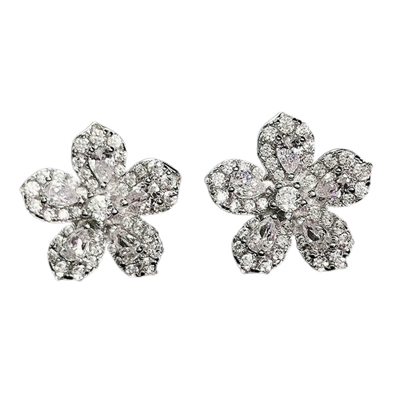 Anting Bunga Cubic Zirconia Kristal Warna Silver Untuk Wanita Fancy Aksesoris Telinga Hadiah Ulang Tahun Tindik Perhiasan Trendi