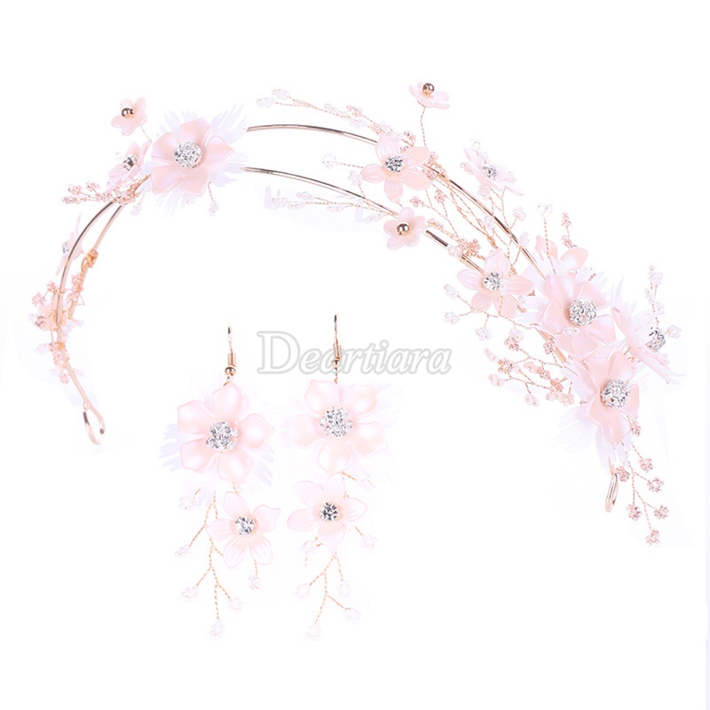 Fashion Pink Bunga Handwoven Rambut Hoops Anting Set Sen Seri Hiasan Kepala Pernikahan Wedding Dress Aksesoris