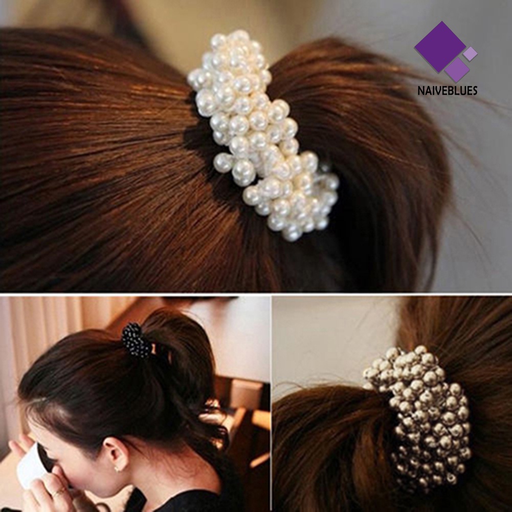 &lt; Naiveblues &gt; Fashion Wanita Manik-Manik Mutiara Imitasi Hair Band Scrunchie Ponytail Holder