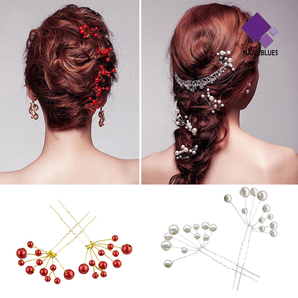 &lt; Naiveblues &gt; 2Pcs Wanita Fashion Shiny Faux Pearl Pernikahan Jepit Rambut Hair Clasp Decor