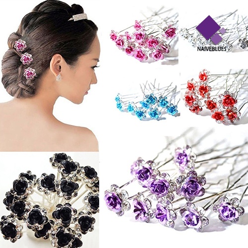 &lt; Naiveblues &gt; 5Pcs Chic Pertunangan Pernikahan Shiny Rhinestone Hair Rose Flower Hairpin