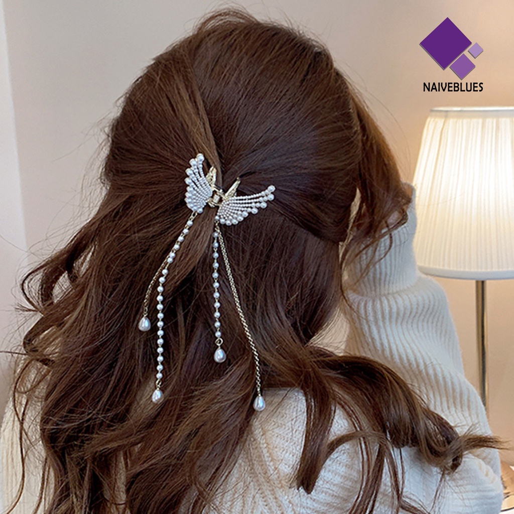 &lt; Naiveblues &gt; Grip Rambut Tepi Halus Mutiara Imitasi Elegan Rumbai Bentuk Kupu-Kupu Jaws Aksesoris Rambut