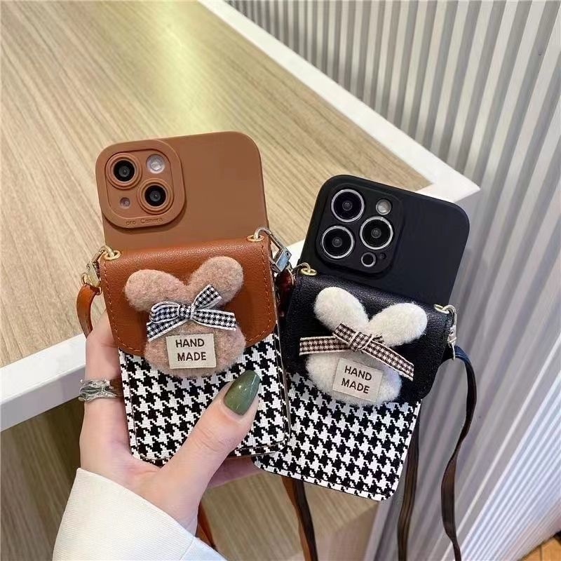 IPHONE Plush Seribu Burung Grid Kepala Kelinci Zero Dompet Desain Phone Case Kompatibel Dengan Iphone12 13 14 11 Pro Max X Xs Max Xr fpplk