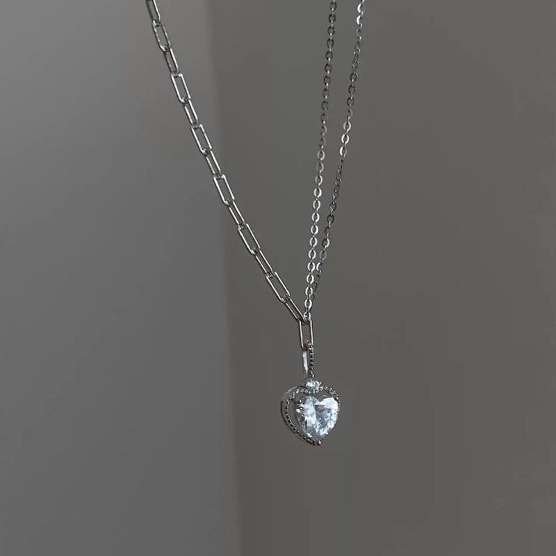 Roselife Korea s925 Perak Bersinar Zirkon Jantung Liontin Kalung Untuk Wanita Gadis Elegan Kristal Cinta Pesona Kalung Fashion Tulang Selangka Rantai Perhiasan Hadiah