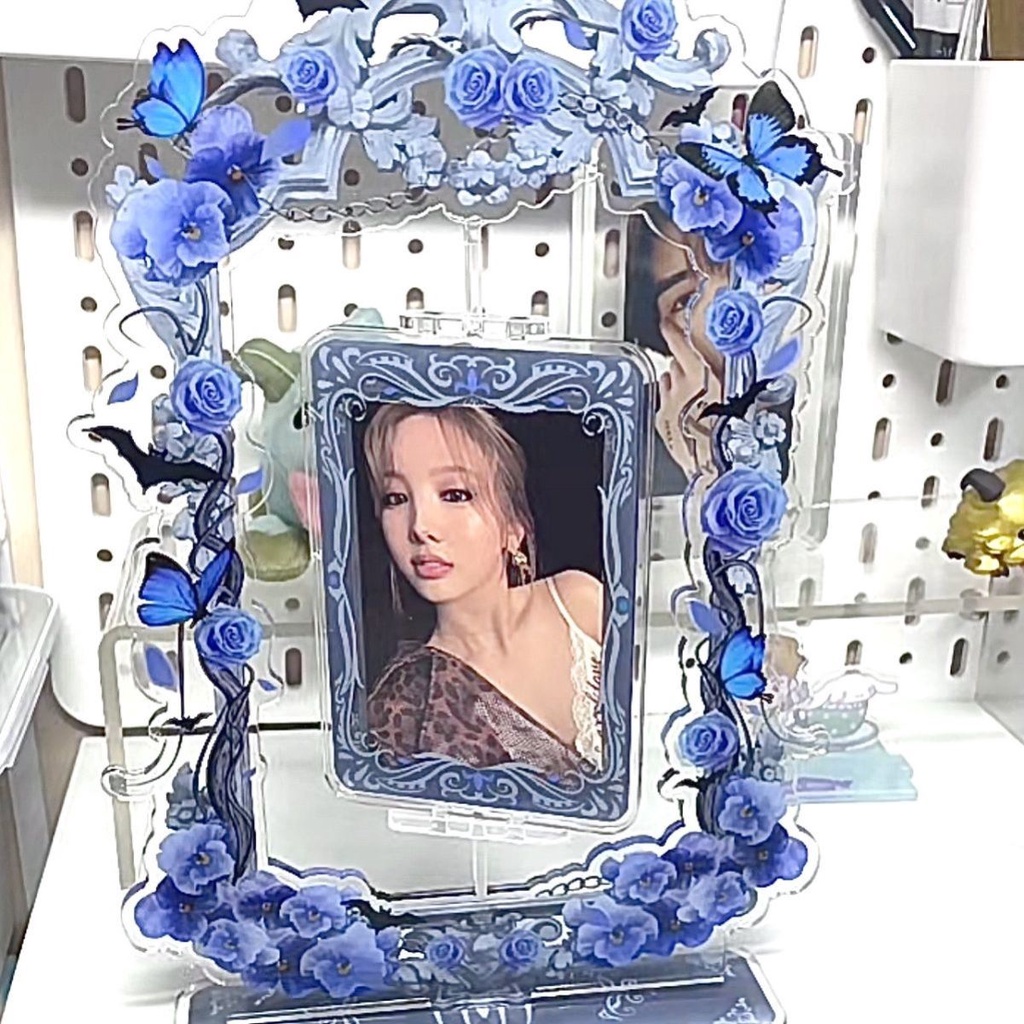 Romantic Blue Rose Bingkai Foto Akrilik 3inch Rotatable Card Holder Idol Photocard Desktop Display Frame