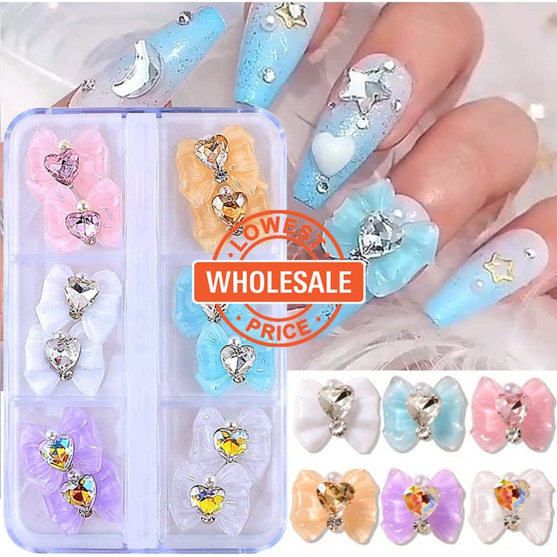 [Harga Grosir] Berlian Mengkilap Kuku Rhinestones Aksesoris Kuku Perlengkapan Kuku DIY Kuku 3D Busur Kuku Pesona Busur Resin Kuku Seni Dekorasi Kristal Hati Ikatan Simpul Kuku Permata