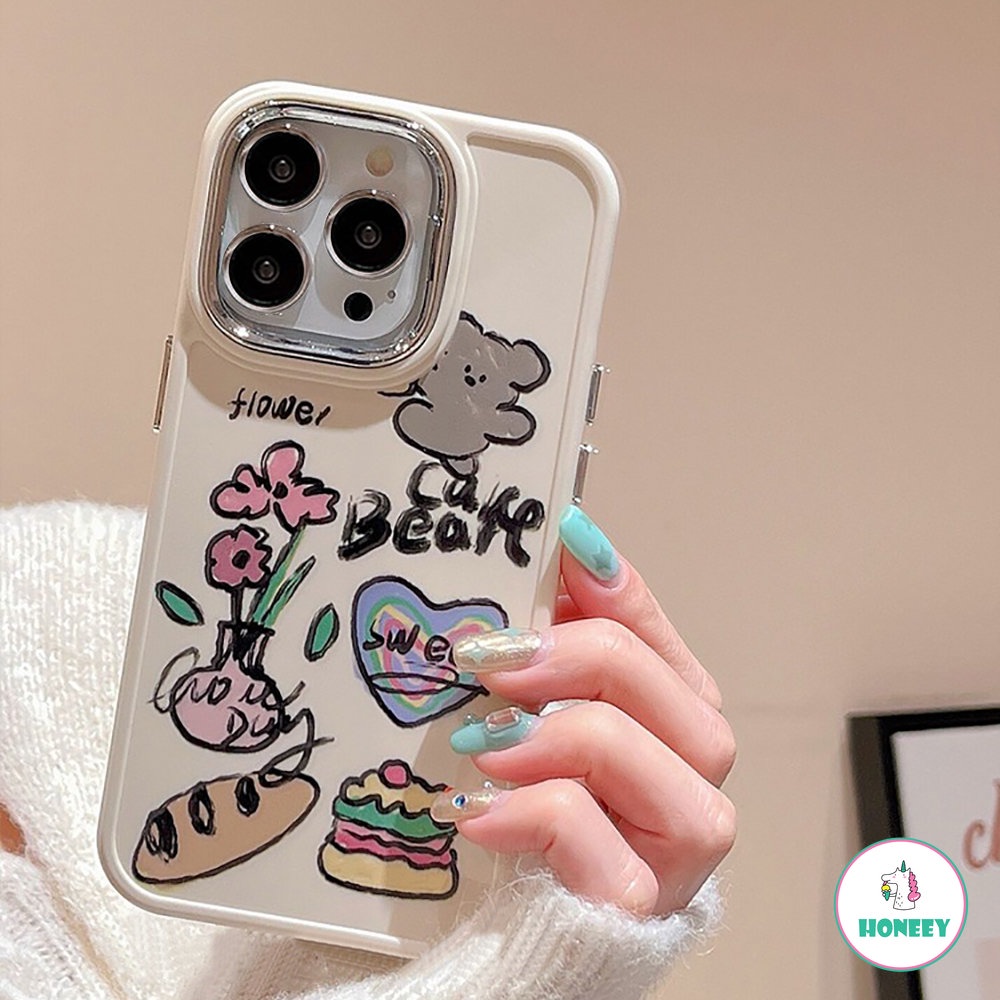 IPHONE Casing Ponsel Beruang Kue Bunga Graffiti Lucu Kompatibel Untuk Iphone14 13 11 12 Pro Max Manis Shockproof Kartun Cover