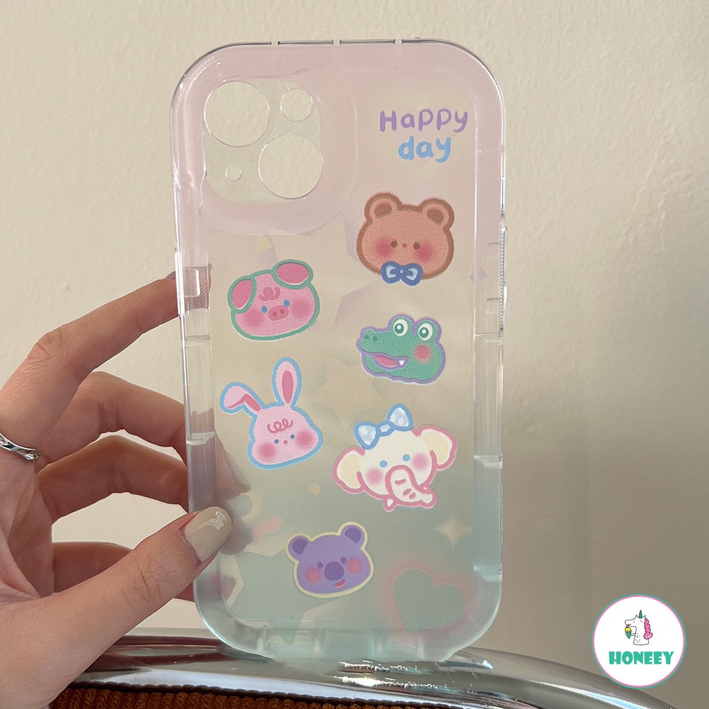 IPHONE Retro Happy Animal Zoo Gradien Casing Ponsel Shell Transparan Untuk Iphone14 13 12 11 Pro Max14 Plus Case Kartun Lucu Soft Cover