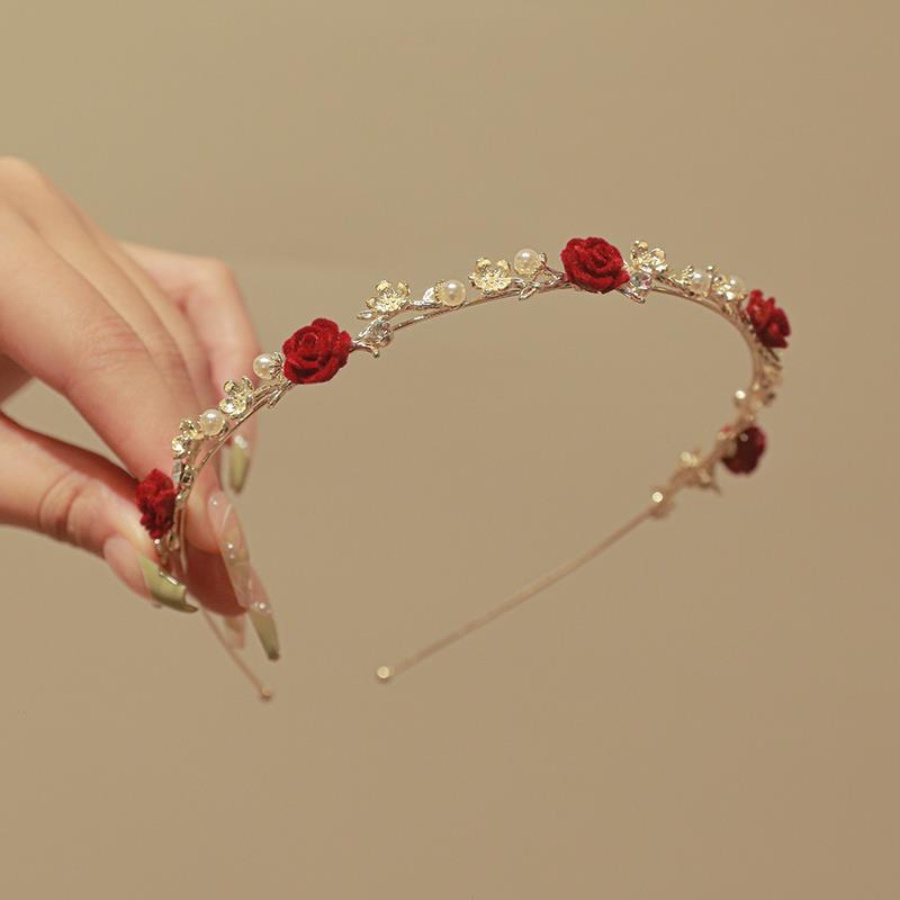 Korea Merah Bunga Mutiara Berlian Imitasi Bando Kristal Alloy Tipis Rambut Band Woman Fashion Aksesoris Rambut