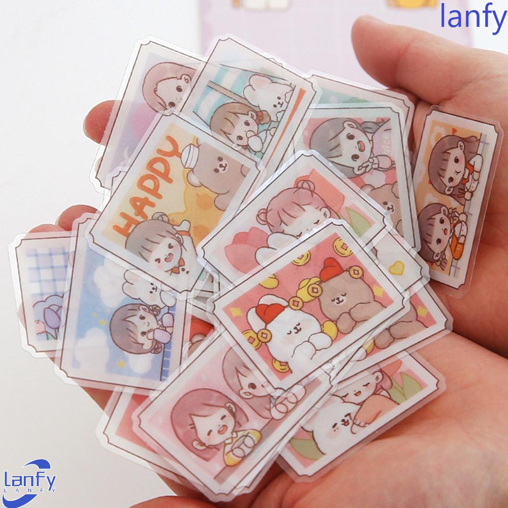 Lanfy Kartun Gadis Stiker Dekoratif Album Foto Perekat Lucu Tahan Air Motif Kelinci Beruang Teh Susu Stiker Label PVC