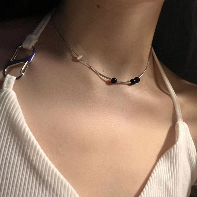 Roselife Keren Fashion Glossy Black Opal Beads Charm Choker Kalung Wanita Pria Chic Rantai Ular Kalung Gaya Perhiasan Aksesoris