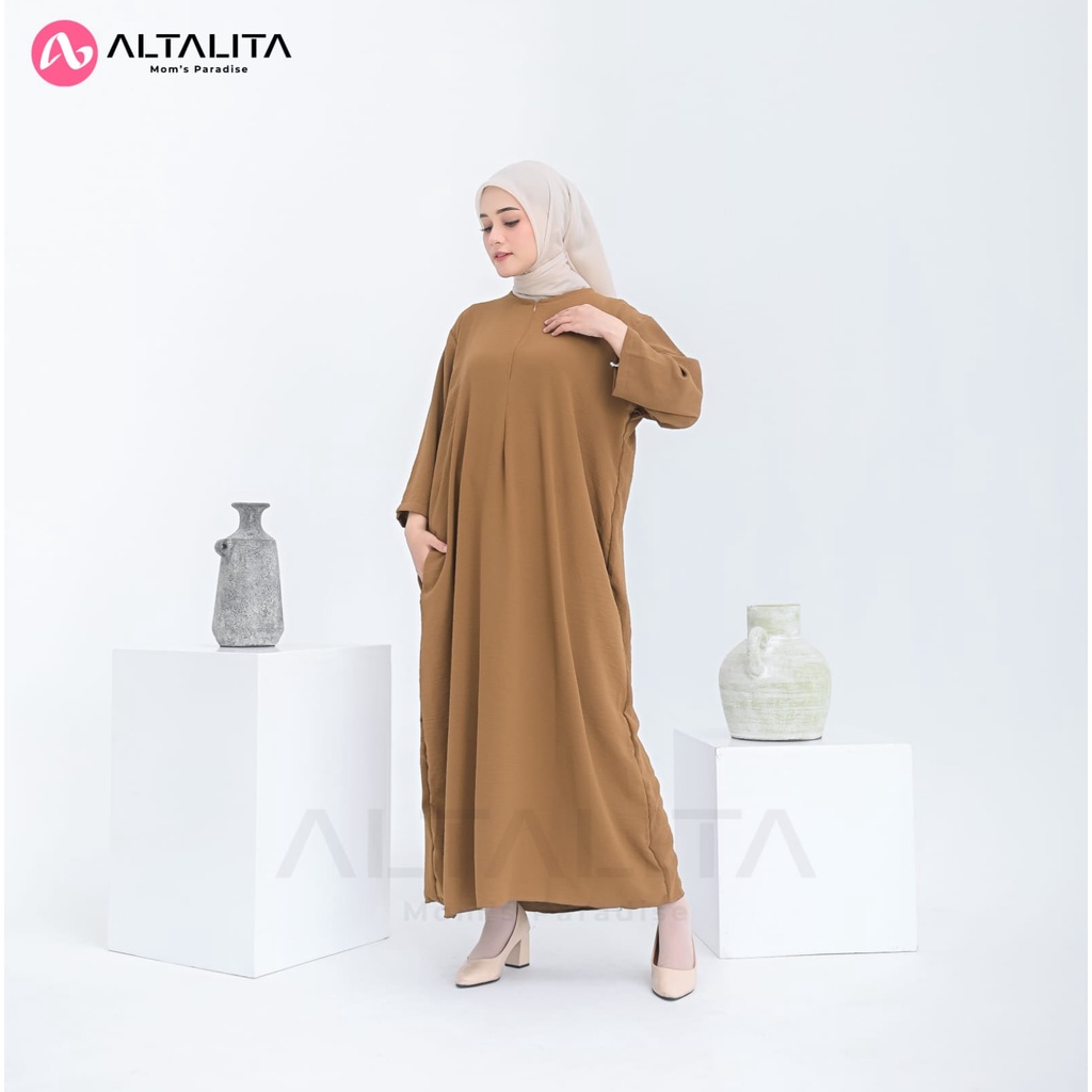 Altalita - Daster Gamis Polos Kekinian Cringkle Airflow Lengan Tangan 3/4 Panjang Semata Kaki Busui Jumbo LD 120