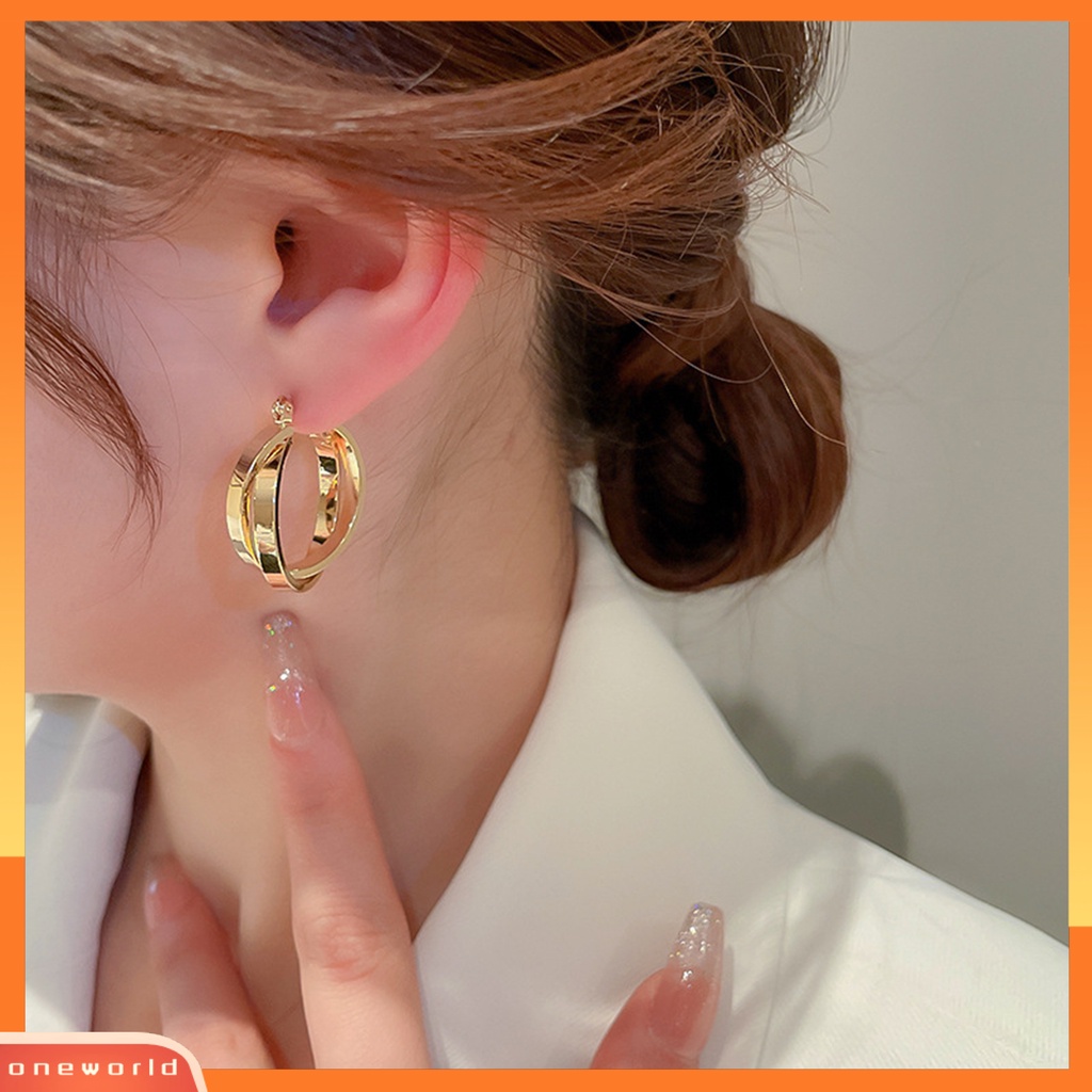 [EONE] 1pasang Anting Hoop Dual Cross Rings Geometris Temperamen Elegan Dipoles Hadiah Paduan Emas Logam Lingkaran Anting Perhiasan Fashion