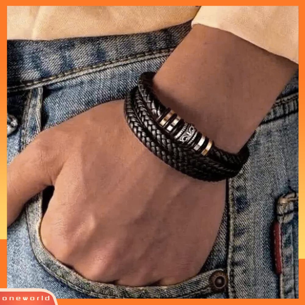 [EONE] Pria Gelang Adjustable Fashion Aksesoris Handmade Love You Forever Print Faux Leather Tiga Lapis Braided Bracelet Untuk Pakaian Sehari-Hari