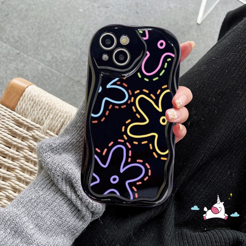 Casing Ponsel Glossy Tahan Guncangan Kompatibel Untuk iPhone 11 Pro Max XR X7 8 6s 6 Plus 14 12 13 Pro Max XS Max SE 2020 Fashion Garis Sederhana Bunga 3D Wavy Curved Edge Soft Flowers Cover