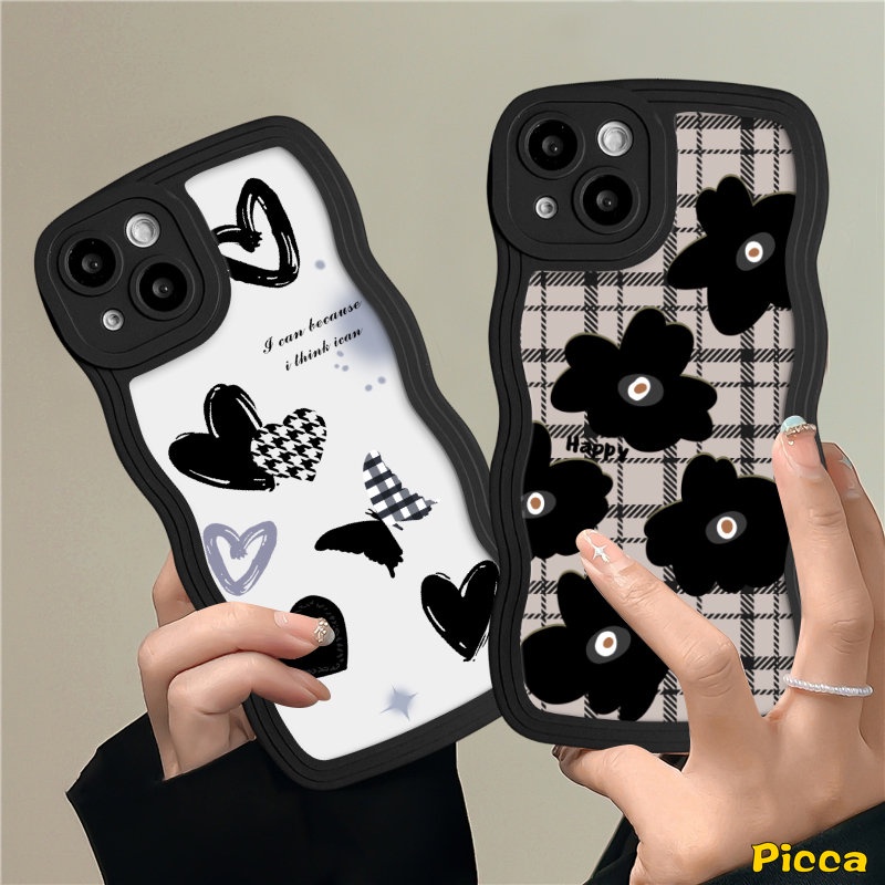 Kotak-kotak Retro Bunga Hitam Case Kompatibel Untuk IPhone 7Plus 11 13 14 12 Pro Max XR 7 14 8 6 6s Plus X XS Max SE 2020 Butterfly Love Heart Wavy Edge Soft Tpu Back Cover