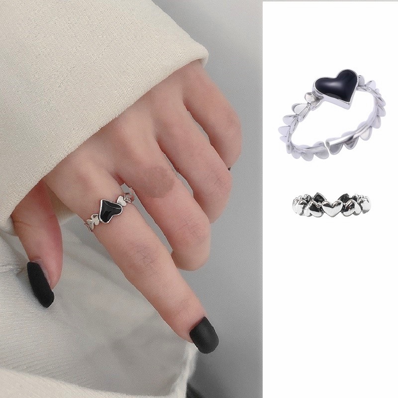 Ahellogirl S925 Sterling Silver Hitam Hati Dihiasi Cinta Cahaya Mewah Korea Cincin Yang Dapat Disesuaikan
