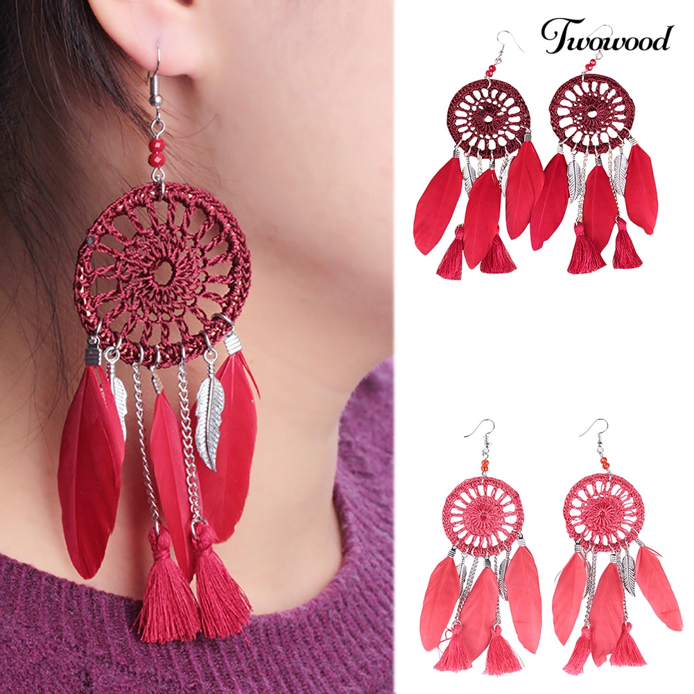 Twowood Ethnic Dream Catcher Rumbai Statement Hook Anting Juntai Panjang Wanita Perhiasan