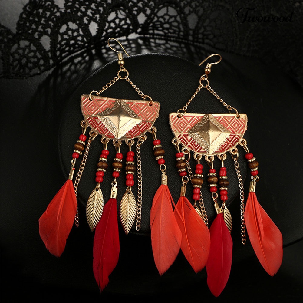 Twowood Boho Geometris Bentuk Kipas Rumbai Manik-Manik Bulu Anting Statement Lady Ear Hooks