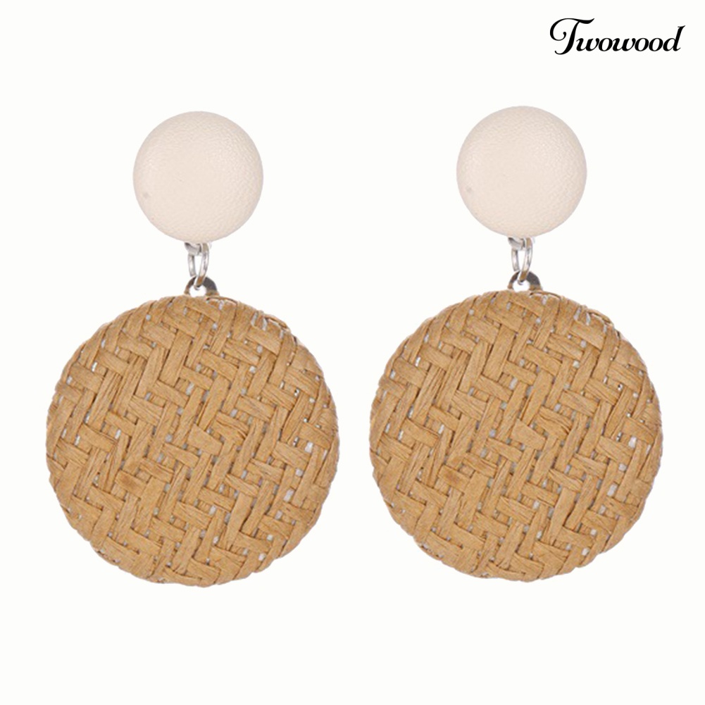 Twowood Boho Wanita Geometris Tombol Bulat Anyaman Jerami Menjuntai Stud Earrings Perhiasan