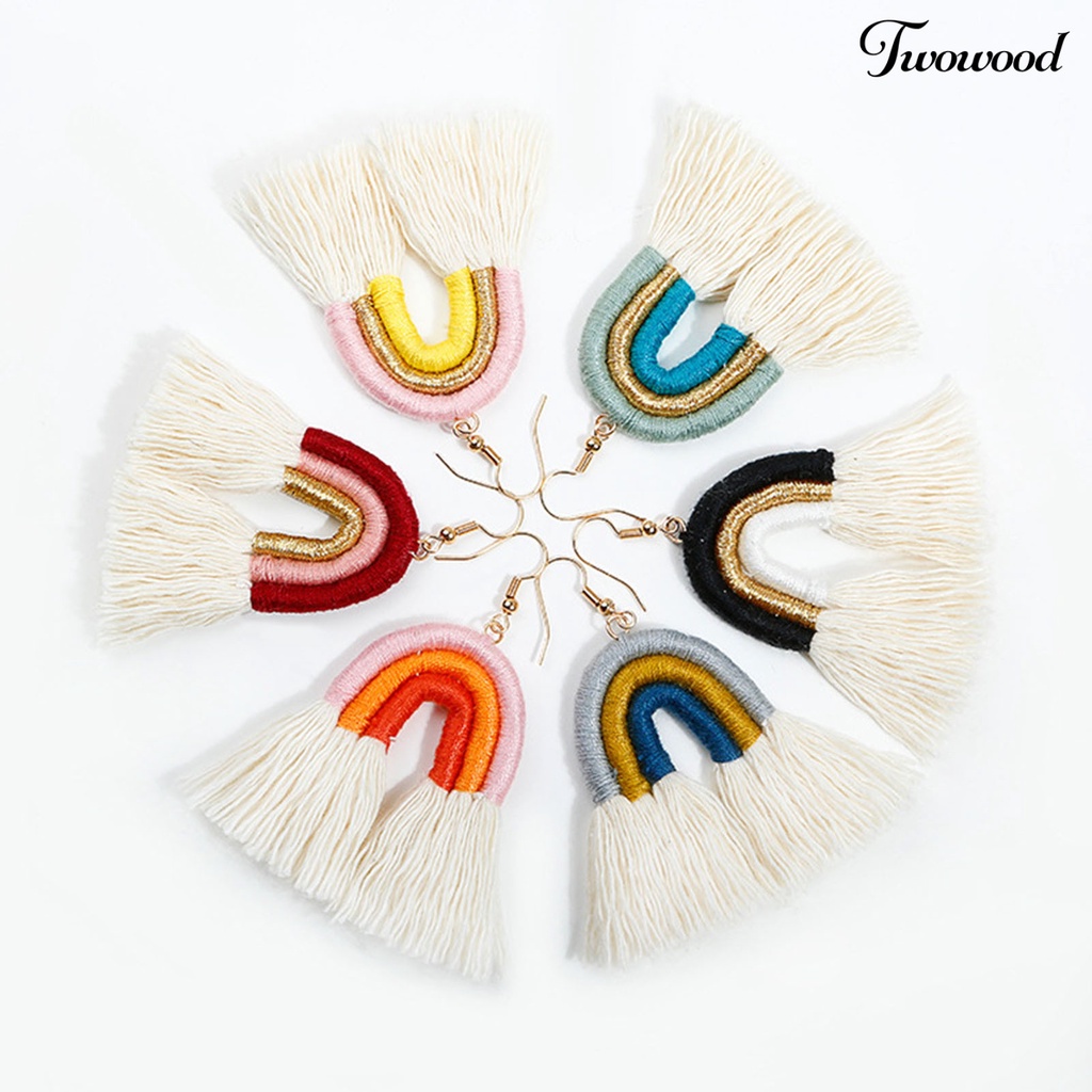 Twowood 1pasang Anting Pelangi Bohemian Menarik Hias Lapis Rumbai Rainbow Hook Menjuntai Earrings Untuk Kehidupan Sehari-Hari