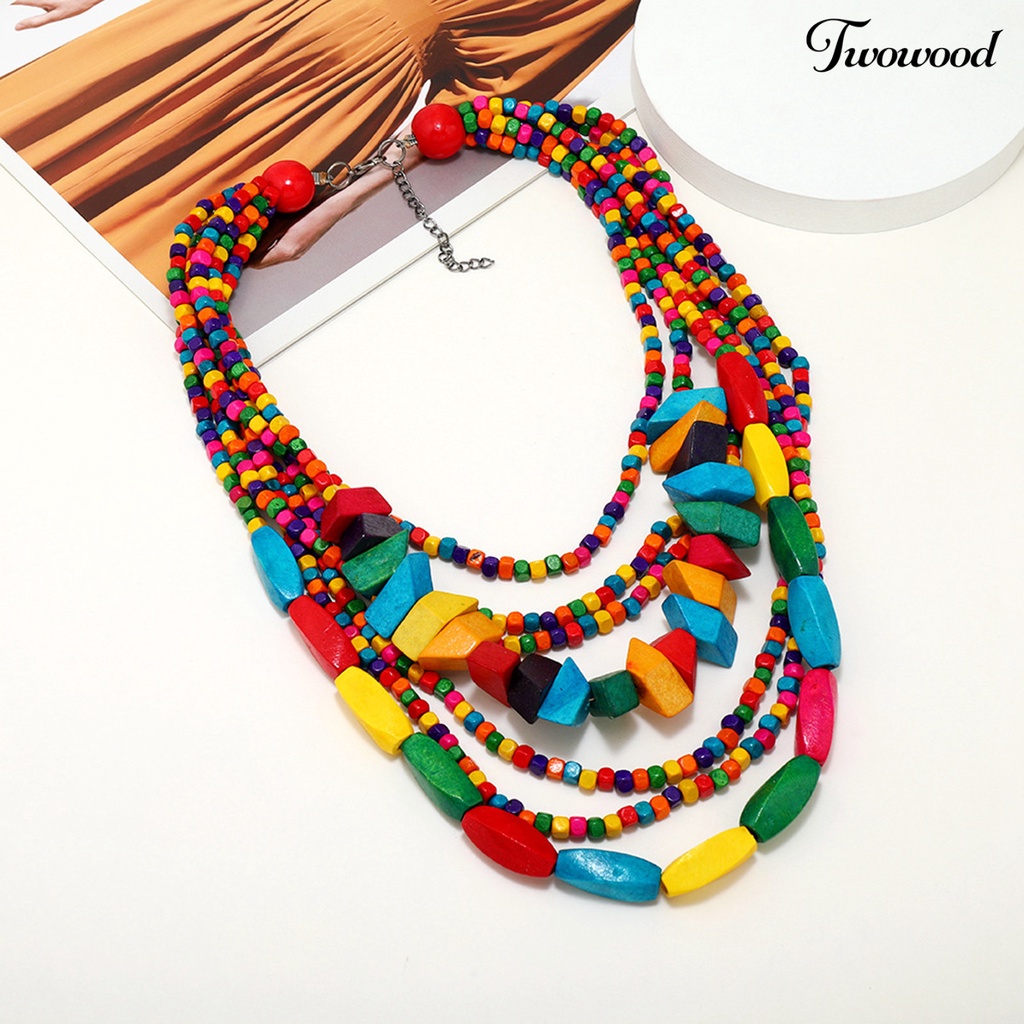 Twowood Pesta Kalung Berlebihan Vintage Multilayer Handmade Colorful Beads Dress Up Fashion Item Etnik Rumbai Kayu Manik-Manik Bib Kalung Pesta Liburan Perhiasan