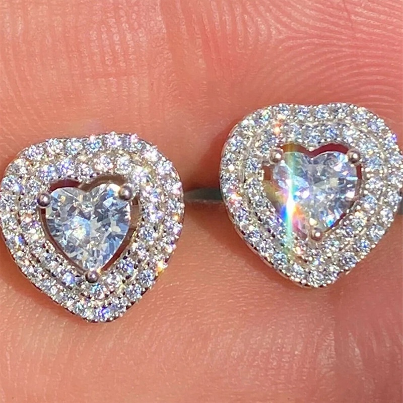 Brilliant Heart Cubic Zirconia Stud Earrings Untuk Wanita Pernikahan Pertunangan Cinta Aksesoris Hadiah Indah Perhiasan Fashion