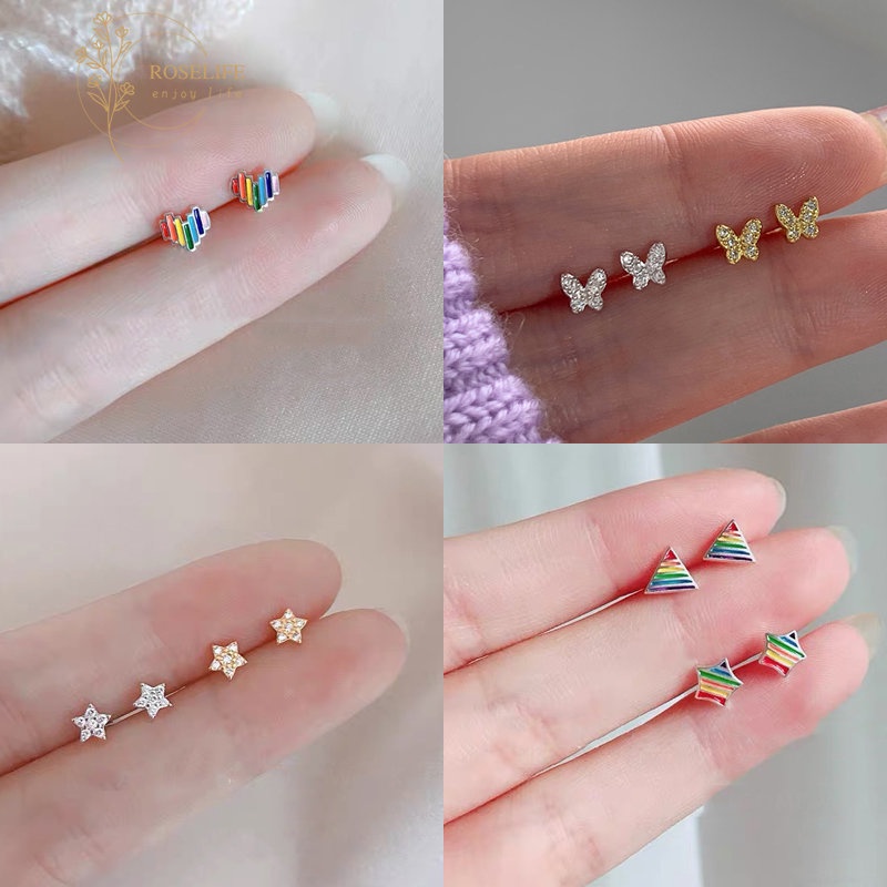 Roselife Korea S925 Perak Kecil Warna-Warni Hati Bintang Kristal Kupu-Kupu Stud Anting-Anting Untuk Wanita Perempuan Mini Earring Fashion Perhiasan Telinga 1pasang