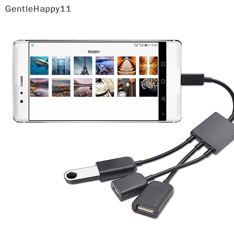 Gentlehappy 3in1 Micro USB Type C HUB Male to Female Double USB 2.0 Host Kabel Adaptor OTG id