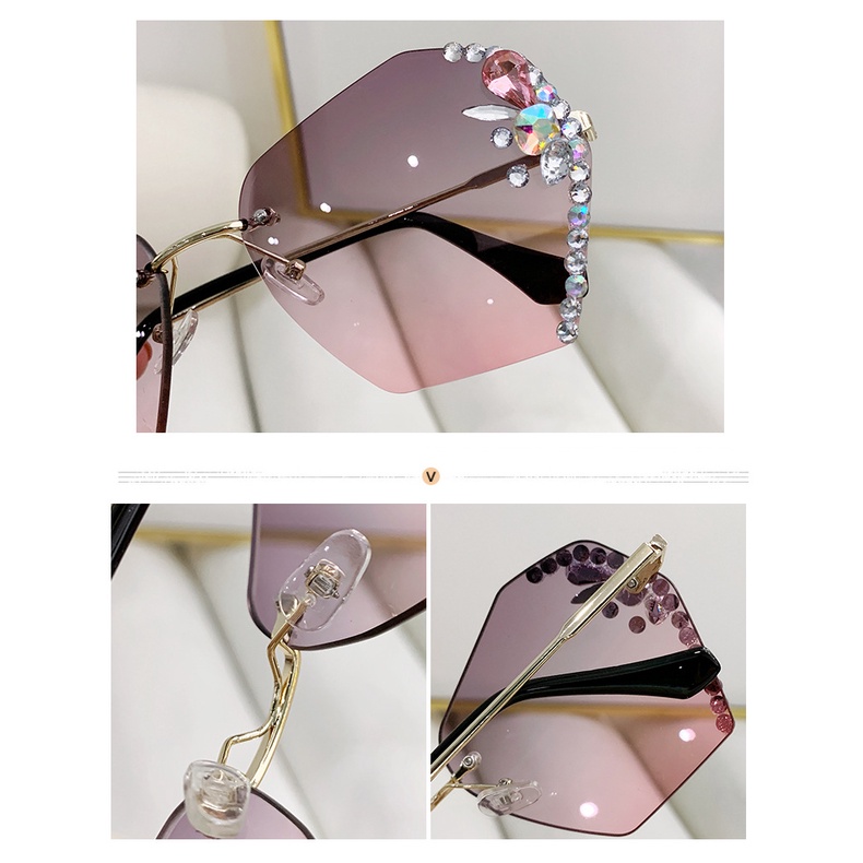 (YUZHU) Korean Fashion Oversized Rimless Sunglasses Metal Diamond Kacamata Hitam Anti UV Untuk Wanita