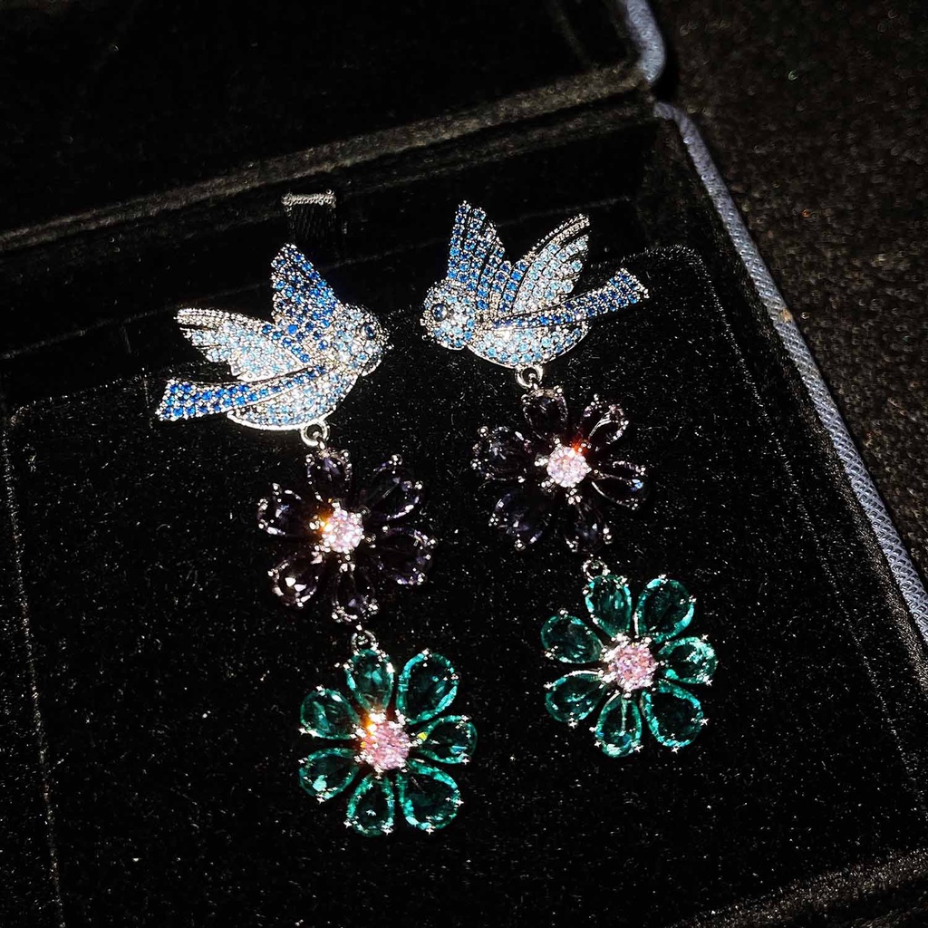 Goldkingdom Aksesoris Perhiasan Fashion Ready Stock Anting Bunga Vintage Kelopak Berlian Heavy Duty Dengan Micro Full Diamond Bird Earrings