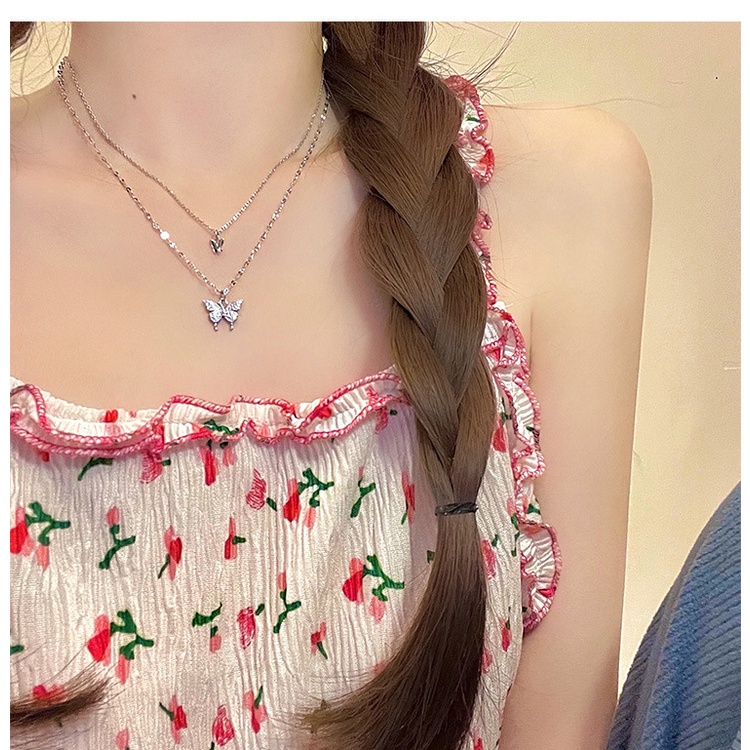 Ins Korea Double-layer Butterfly Necklace Bling Musim Panas Kalung Choker Rantai Tulang Selangka